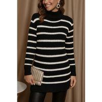 Kadın Uzun Kollu Degaje Yaka çizgili Sonya Iplik Mini Boy Triko Elbise (kemersiz)