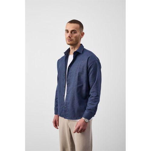 Pixel Relaxed Fit Pamuklu Mikro Çizgili Flanel Erkek Gömlek - Lacivert
