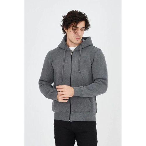 Erkek Kapüşonlu Düz Fermuarlı Hırka - Füme