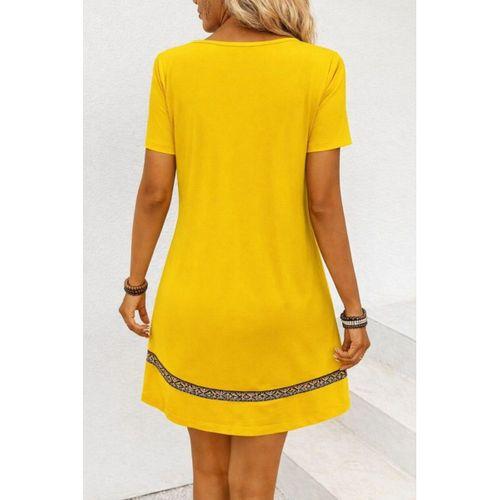 Kadın Kısa Kollu V Yakalı Etnik Desen şerit Detaylı Viskon Elbise