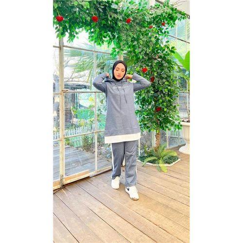 Yazı Baskılı Garni Detaylı Kapşonlu Kısa Sweat Pantolon İkili Tesettür Eşofman Takımı - 03080.006 - İndigo
