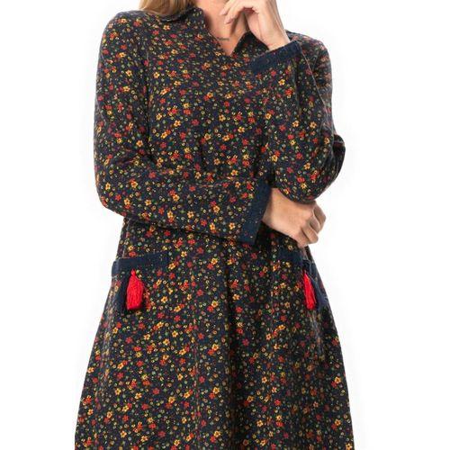 Uzun Kol Zuhal Pazen Midi Boy Sonbahar ve Kışlık Elbise Papatya Desen Lacivert Lcvt