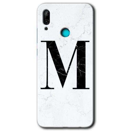 MRCİLETİSİM Huawei P smart 2019 Kılıf HD Desen Baskılı Arka Kapak + Temperli Cam - Beyaz Mermer Desenli M Harfi