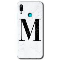 MRCİLETİSİM Huawei P smart 2019 Kılıf HD Desen Baskılı Arka Kapak + Temperli Cam - Beyaz Mermer Desenli M Harfi