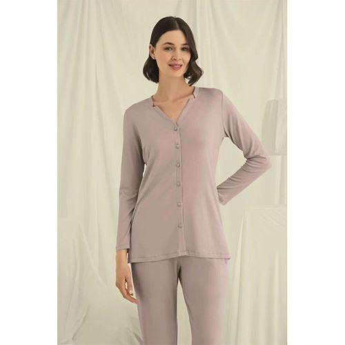 Uzun Kollu Düğmeli V Yaka Pijama Takımı
