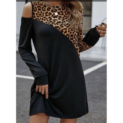 Kadın Uzun Kollu Omuzdan Açık Leopar Desenli Viskon Iki Iplik Mini Elbise