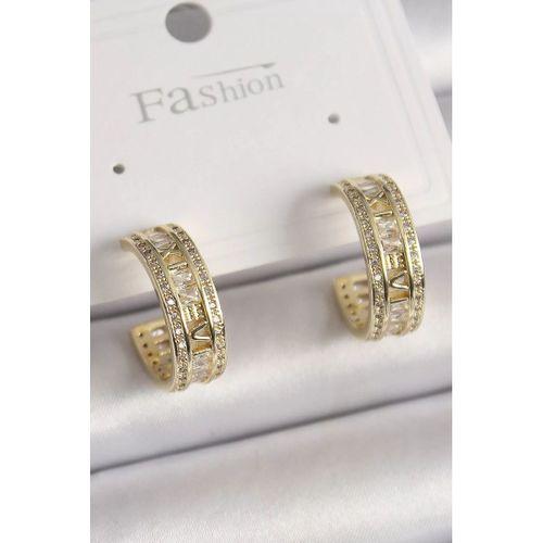 pilelistore Pirinç Gold Renk Zirkon Taşlı İşleme Detay Halka Model Kadın Küpe - TJ-BKP9913