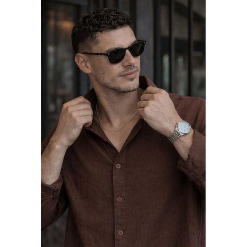 Nefes Alabilir Yarım Oversize Müslin Kumaş Uzun Kol Yakalı Erkek Gömlek - Kahve