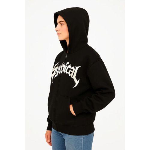 Oversize Kapüşonlu Sweatshirt  Hoodie 3 İplik Şardonlu Pamuklu Kumaş, Önü Baskılı, Fermuarlı Rahat Kalıp, Kışlık Ve Sokak Stili Sweat - Siyah