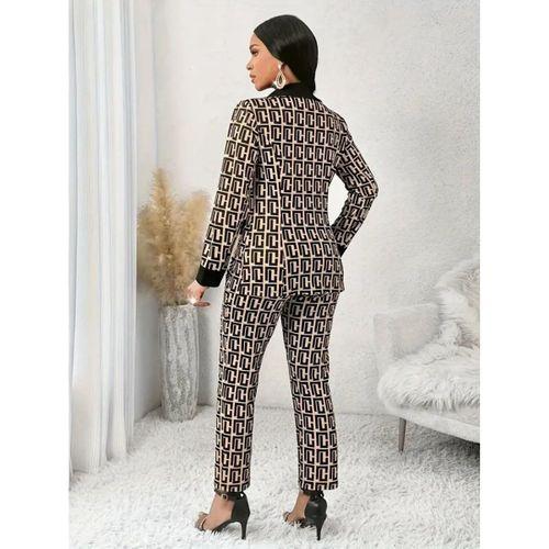 Kadın Uzun Kollu Yakalı Desenli Dalgıç Ceket Bluz Ve Pantolon üçlü Takım