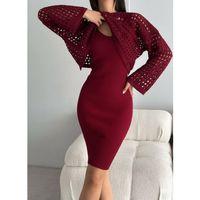 Kadın Uzun Kollu Delikli Kazak Askılı Elbise Triko Ikili Takım