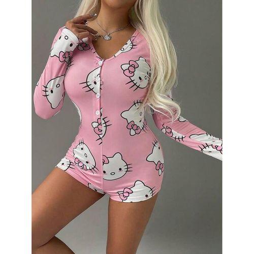 Pamuklu Pembe Hello Kitty Desenli Düğmeli Uzun Kol Tulum Pijama