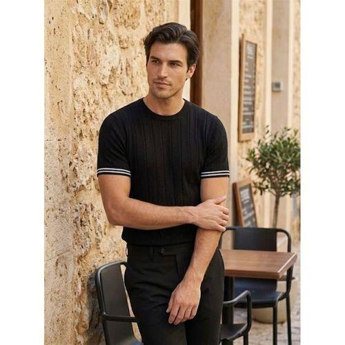 Dale Kolları Şeritli Bisiklet Yaka İnce Triko Örme Regular Fit Erkek T-Shirt - Siyah