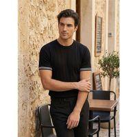 Dale Kolları Şeritli Bisiklet Yaka İnce Triko Örme Regular Fit Erkek T-Shirt - Siyah