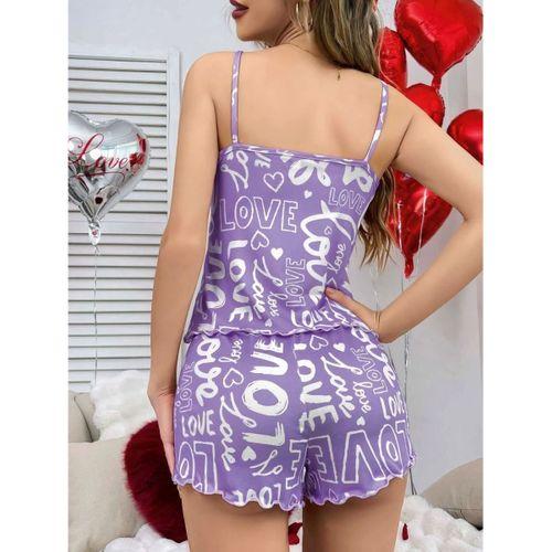 Kadın Mor Love Yazı Desenli Şortlu Pijama Takımı Rahat Şık 2’li Set