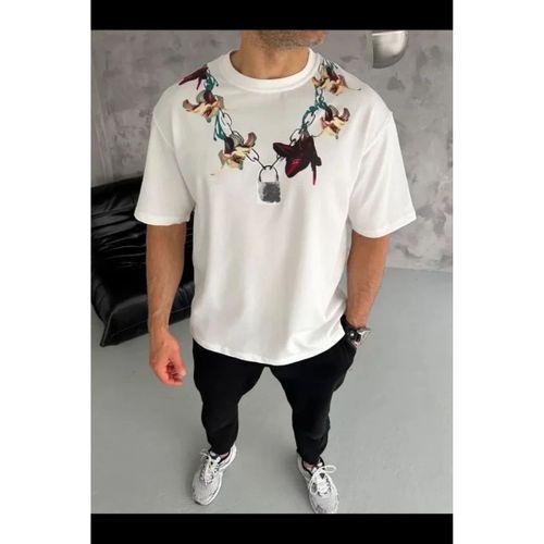 Erkek Baskılı T-Shirt Kısa Kol Bisiklet Yaka Regular Fit Rahat Kalıp Günlük Tişört - Beyaz
