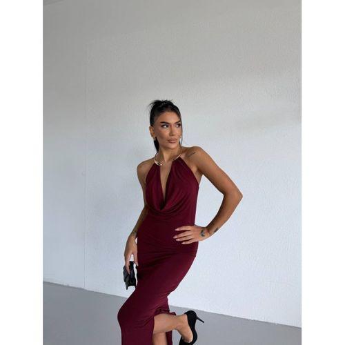 Kadın Boyun Aksesuarlı Halter Yaka Maxi Boy Sandy Kumaş Elbise