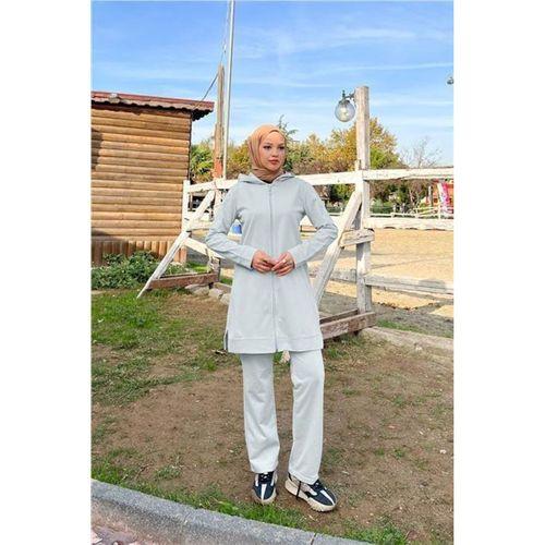 Fermuarlı Kapşonlu İkili Sade Basic Eşofman Spor Takımı - 03052.008 - Gri