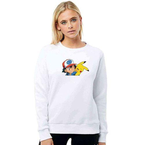 Pokemon Kül ve Pikachu Pikachu Gülen Baskılı Beyaz Kadın Sweatshirt