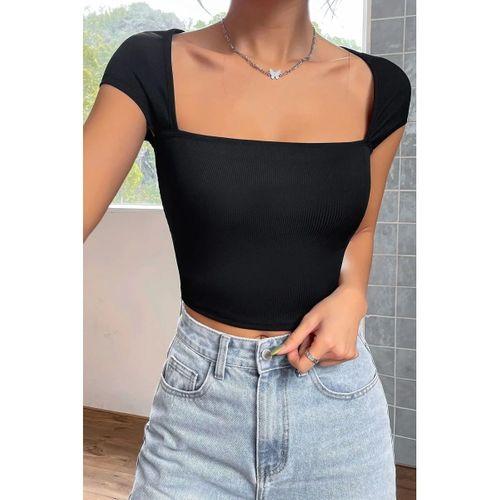 Kadın Siyah Modern Fit Kare Yaka Yarım Kol Göğüs Dekolteli Crop Top Bluz
