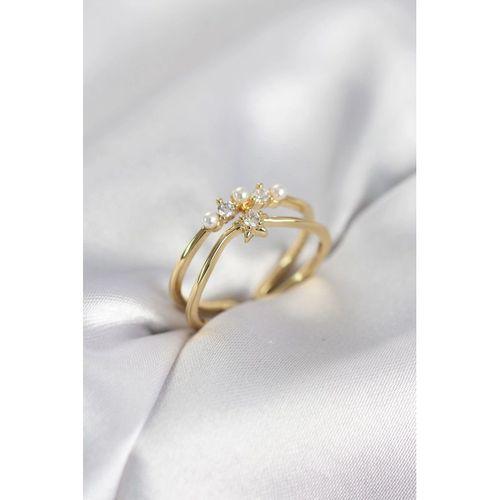 Gold Renk İncili Yıldız Model Zirkon Taşlı Kadın Yüzük