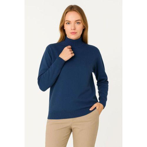 Yarım Boğaz Triko Kazak Yumuşak Dokulu Pamuklu Ince Dokuma, Uzun Kollu Rahat Regular Kalıp - İndigo