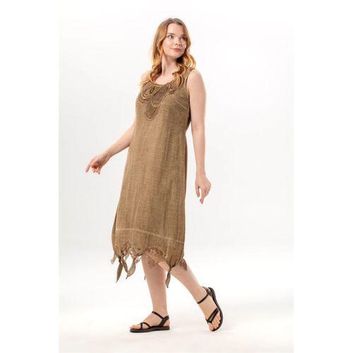 Kolsuz Gece Yuvarlak Yaka Otantik Poplin Midi Boy Elbise Toprak Tprk