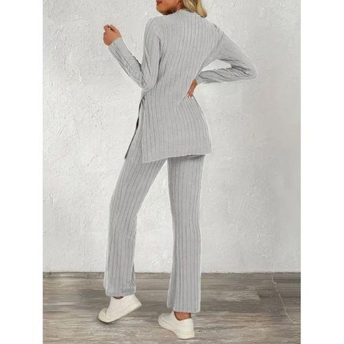 Kadın Uzun Kollu Bisiklet Yaka Yandan Yırtmaçlı şardonlu Kaşkorse Bluz Ve Pantolon Ikili Takım