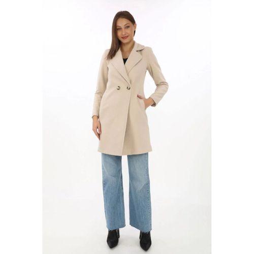 Kaşe Kaban – Siyah Yünlü Dokuma, Kruvaze Yaka, Astarlı, Cepli, Kuşaklı Uzun Boy Tesettür Uyumlu Kışlık Şık Kaban - Bej