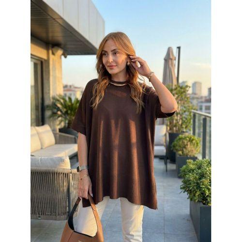 Kadın Bisiklet Yaka Kısa Yarasa Kollu Yanları Yırtmaçlı Oversize Dökümlü Merserize Bluz