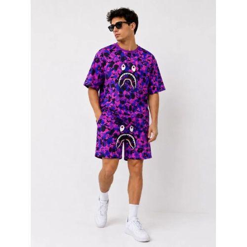Erkek Oversize Kalıp Pubg Bape X Shark Nakışlı Cepli Şort Takım - Mor
