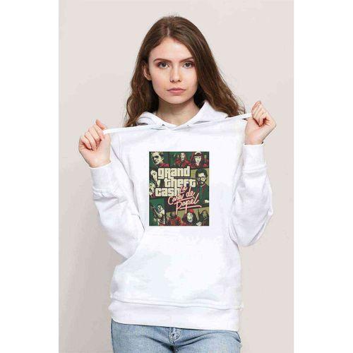 La Case De Papel Grand Theft Baskılı Beyaz Kadın Kapşonlu Sweatshirt