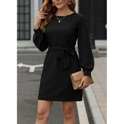 Kadın Uzun Kollu Kayık Yaka Belden Kuşaklı Kısa Ithal Krep Elbise