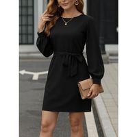 Kadın Uzun Kollu Kayık Yaka Belden Kuşaklı Kısa Ithal Krep Elbise