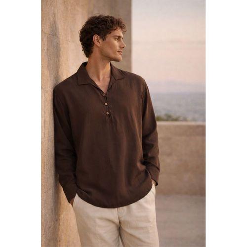 Baldwin Apaş Yaka Britli 3 Düğmeli İnce Modal Kumaş Oversize Uzun Kollu Yazlık Erkek Gömlek - Kahve