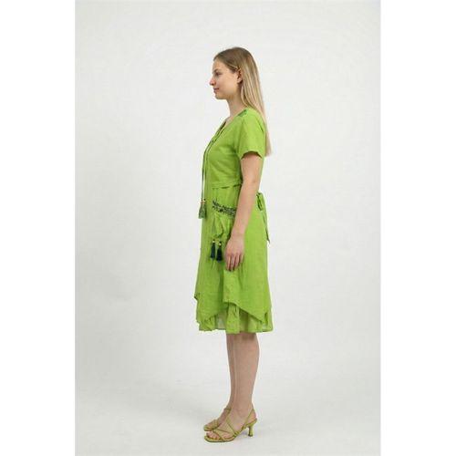 Kısa Kol Nil Vual Diz Boyu Çift Cepli Nakışlı Yazlık Elbise Fıstık Yeşili fysl