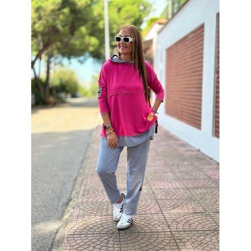 Kadın Pembe Kapşonlu Etek Ucu Detay Arma Ters Dikiş Gorunumlu Ikili Takım