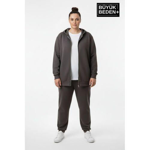 Kadın Büyük Beden Fermuarlı Kapüşonlu Sweatshirt Hırka - Rahat Kalıp SPR26BHR960
