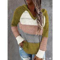 Kadın Uzun Kollu V Yakalı Bağcıklı Kapşonlu Triko Bluz