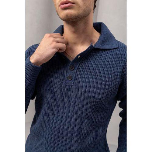 Oversize Selanik Örgü 4 Düğmeli Yarım Pat Rahat Kalıp Erkek Triko Kazak - İndigo