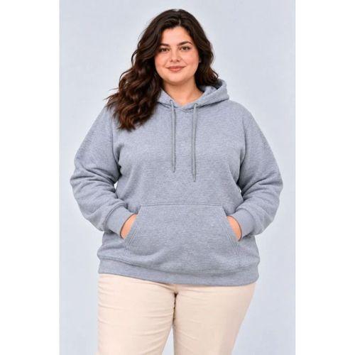 Battal Büyük Beden Üç İplik İçi Şardonlu Kapüşonlu Kanguru Cepli Kışlık Sweatshirt - Gri