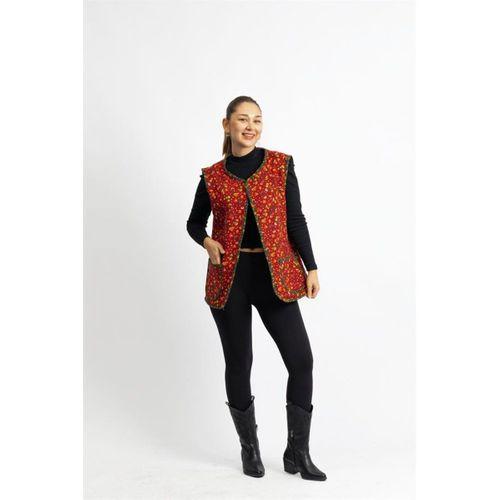 Kolsuz Meryem Çift Taraflı Cepli Pazen Kışlık Yelek Çiçek Siyah/Bordo ÇiçekSyh