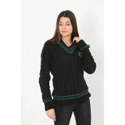 V Yaka Örgülü Kazak - Siyah