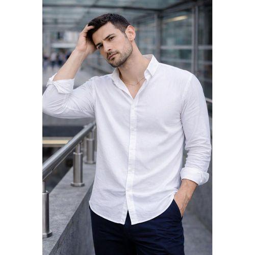 Scott – Soft Dokulu Yarım Oversize Modern Erkek Gömlek - Beyaz