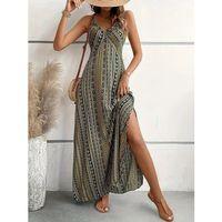 Kadın Ip Askılı Sırttan çapraz Detaylı Yırtmaçlı Desenli Süprem Elbise