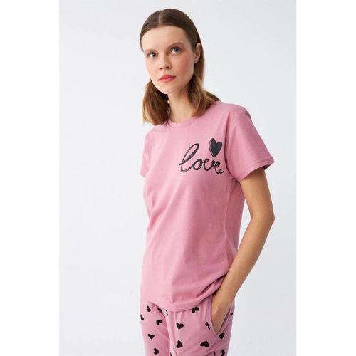 Kadın Somon Kalp Desenli Kısa Kollu Penye Pijama Takımı