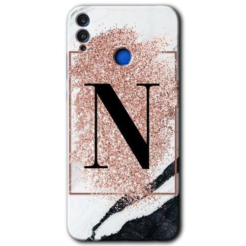 MRCİLETİSİM Honor 8c Kılıf HD Desen Baskılı Arka Kapak + Temperli Cam - Pembe Mermer Desenli N Harfi