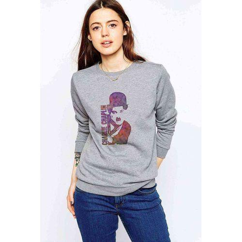 Charlie Chaplin Water Brush Baskılı Gri Kadın Sweatshirt