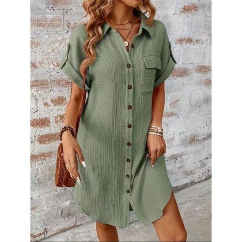 Kadın Kısa Kollu Yakalı önden Düğmeli Bürümcük Kısa Elbise