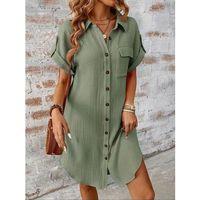 Kadın Kısa Kollu Yakalı önden Düğmeli Bürümcük Kısa Elbise